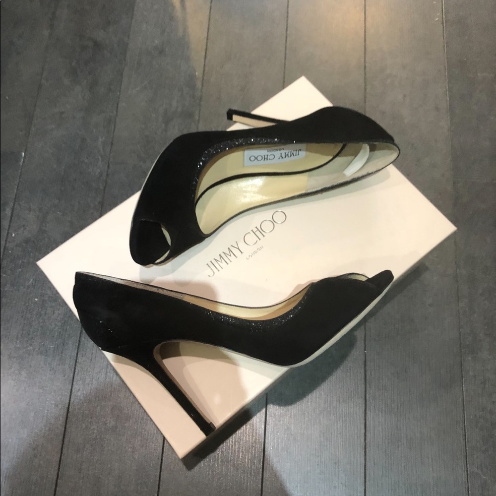 Jimmy Choo suede/glitter peep toes
